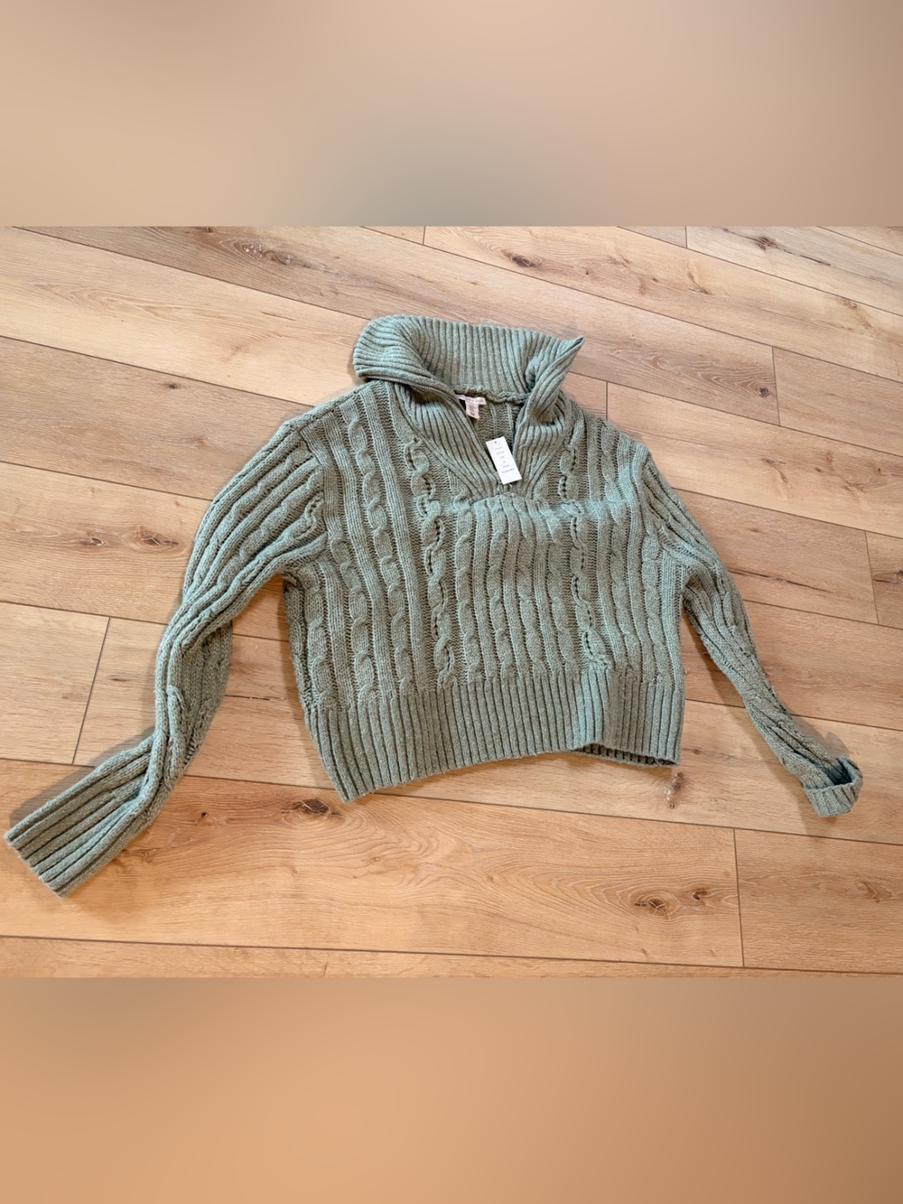 Olive Cable-Knit Shawl Collar Pullover Sweater - Picture 2 of 2
